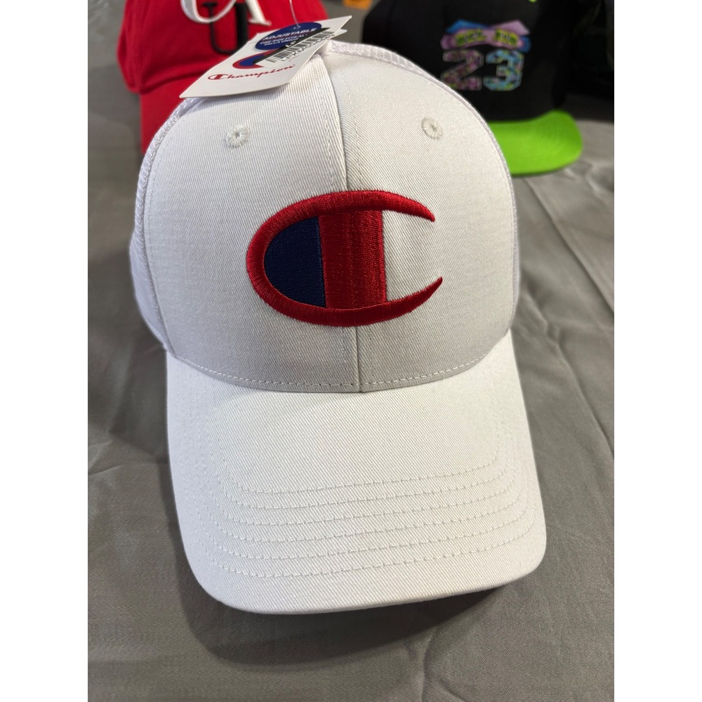 Champion Mens White Trucker Hat Embroidered Logo Snapback Mesh Cap One Size NEW